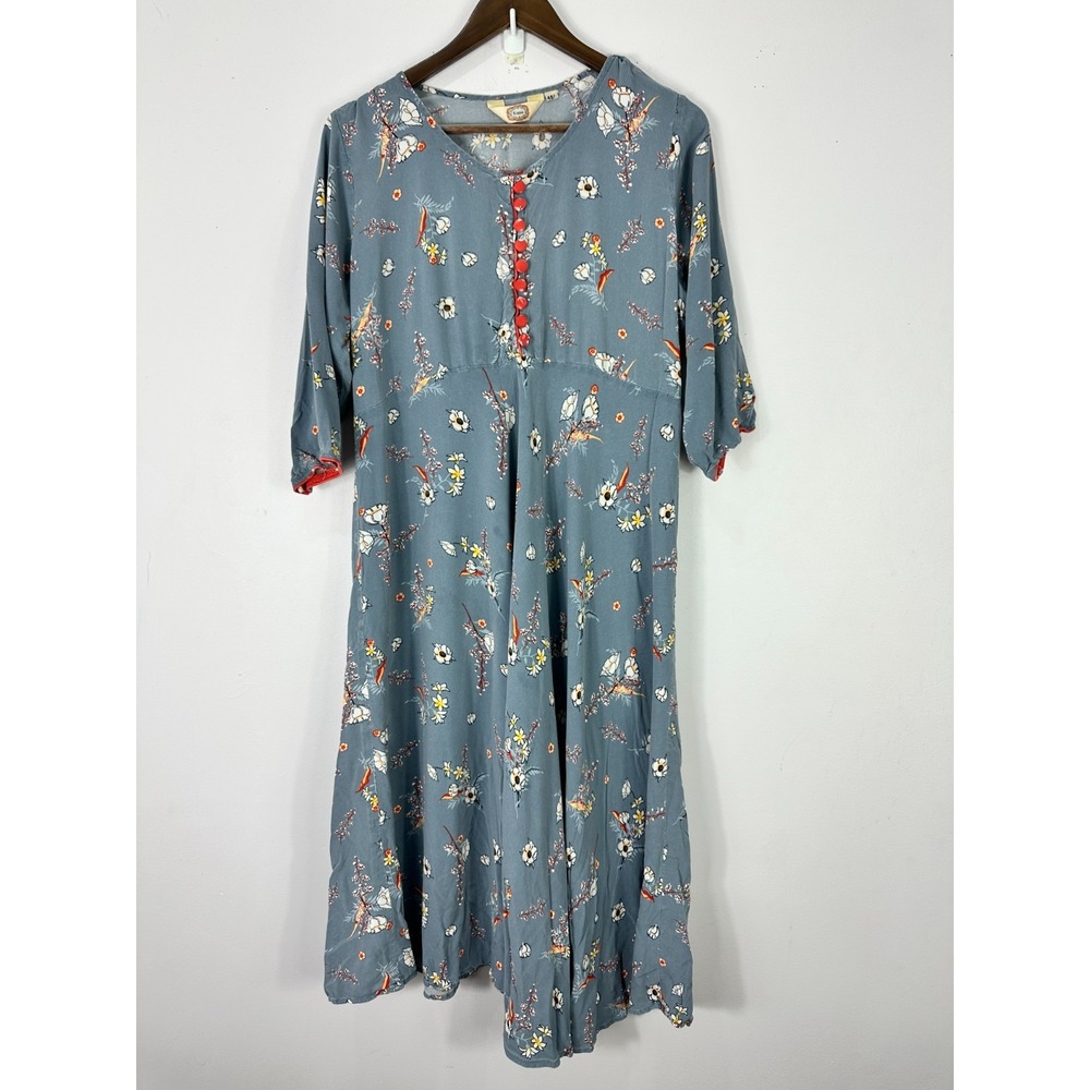 Tissu Floral Bird Print Midi Dress Blue Red Button Front 48 Large Boho Cottage